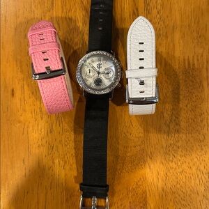 Roca Wear Silver Watch with Black, Pink & White Bands. Crystal encrusted face